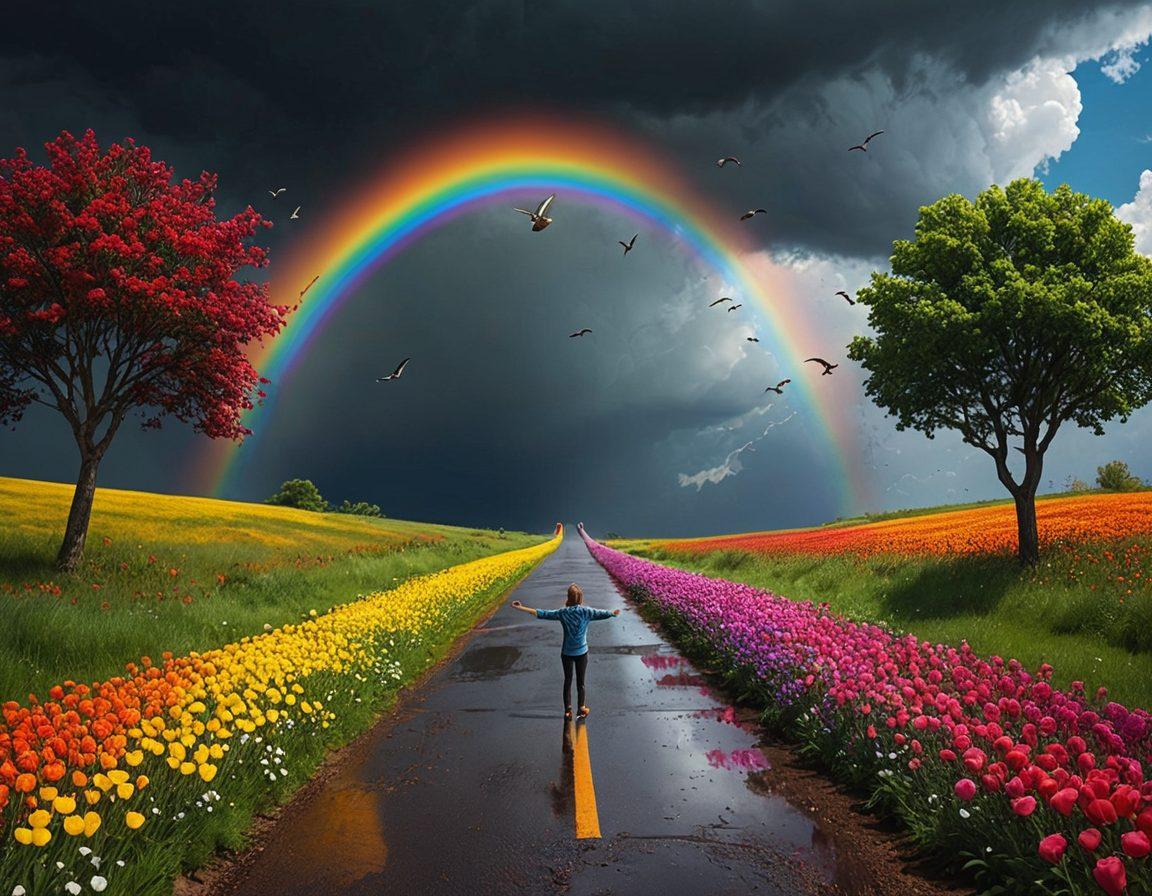 A vibrant scene depicting a person standing at a crossroads, where one path is dark and gloomy with storm clouds while the other is colorful and filled with sunshine, flowers, and cheerful people. The transition between the two paths symbolizes transformation and positivity. Include elements like a rainbow, birds, and uplifting quotes floating in the air. Illustrate a sense of hope and joy. bright colors. super-realistic.