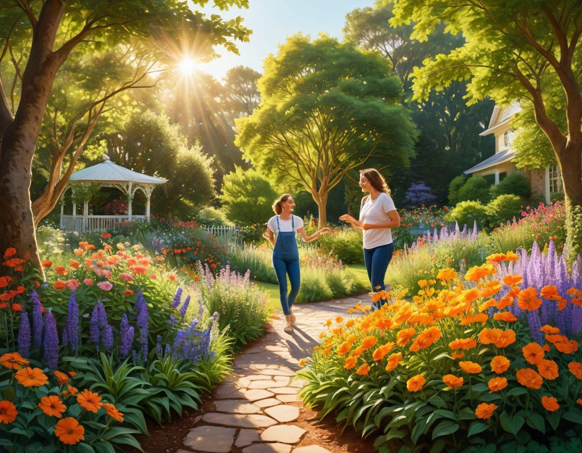A serene garden bursting with colorful flowers and greenery, where individuals of diverse backgrounds engage in joyful activities such as painting, dancing, and meditating. Sunlight filters through the trees, casting a warm glow on their smiling faces, symbolizing happiness and relaxation. The scene conveys a sense of community and positivity, evoking a cheerful atmosphere. vibrant colors. super-realistic. natural light.