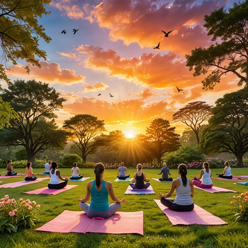 A serene landscape with a majestic sunrise, symbolizing hope and new beginnings. Include a diverse group of people engaging in joyful activities like yoga, laughter, and meditation in a lush green park. Incorporate soft, warm colors to evoke a feeling of happiness and contentment. Add elements like birds flying and flowers blooming to enhance the uplifting atmosphere. vibrant colors. 3D.